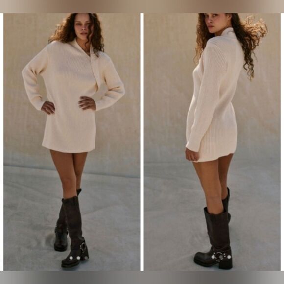 NWT Free People Beach Alba Sweater Tunic Mini Dress Cream Cotton Long Sleeve L - Picture 2 of 11